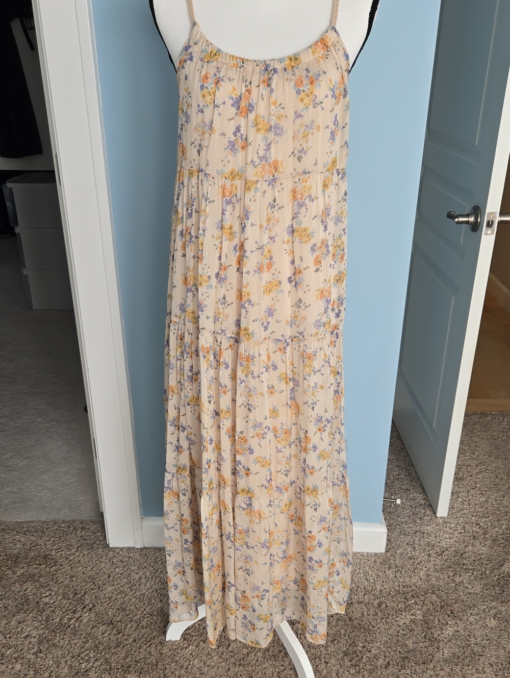 Elena BALDI italy Silk Light Cream Floral Printed Summer Maxi Dress M